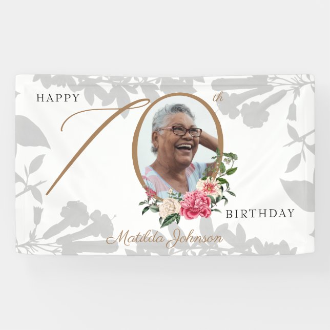 Lona Foto botánica de oro blanco floral 70 cumpleaños (Horizontal)