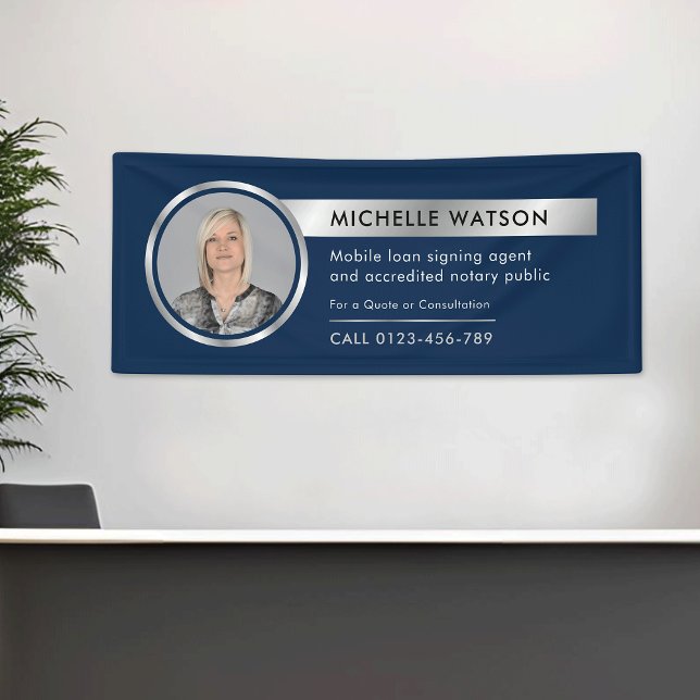 Lona Foto comercial promocional de Navy & Silver (Corporate chrome silver effect and navy blue background photo promotional fabric banner)