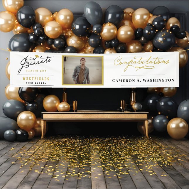 Lona Foto con guión de graduado con estilo Fiesta de gr (Stylish Graduate Script Photo Modern Minimalist Graduation Party Banner @ zazzle.com/color_therapy)