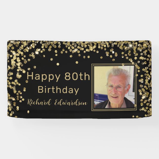 Lona Foto de Black Gold 80 Birthday Personalizada (Horizontal)