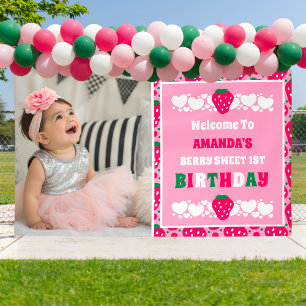 Lona Foto de celebración del primer cumpleaños de fresa
