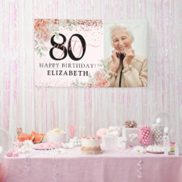 Lona Foto de cumpleaños 80 Elegante Floral Rosa