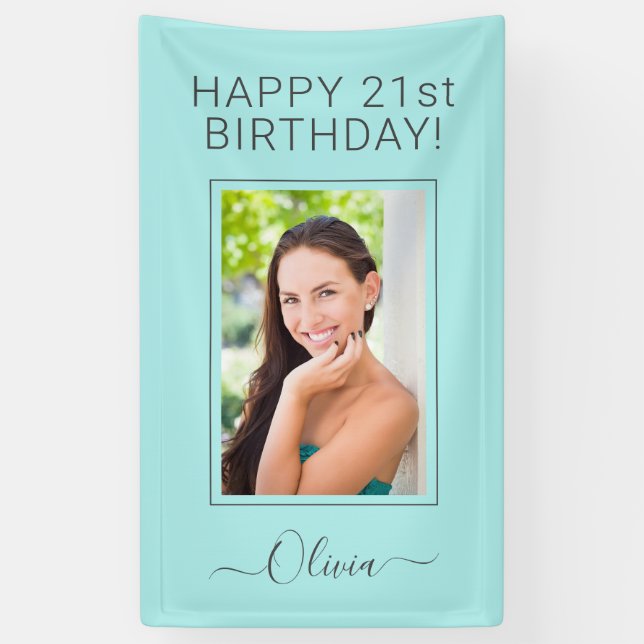Lona Foto de cumpleaños Aqua Blue Verde azulado Script  (Vertical)