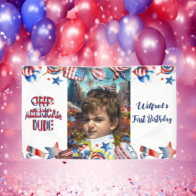 Lona Foto de cumpleaños azul blanco rojo de un estadoun (One American Dude Red White Blue Birthday Photo Banner)