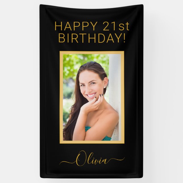 Lona Foto de cumpleaños Black Gold Script Girly (Vertical)