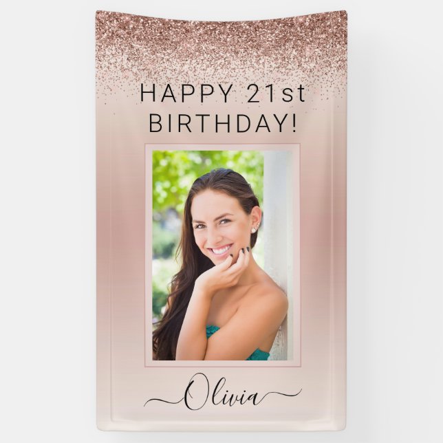 Lona Foto de cumpleaños Purpurina Rosa de Rubor Girly R (Vertical)