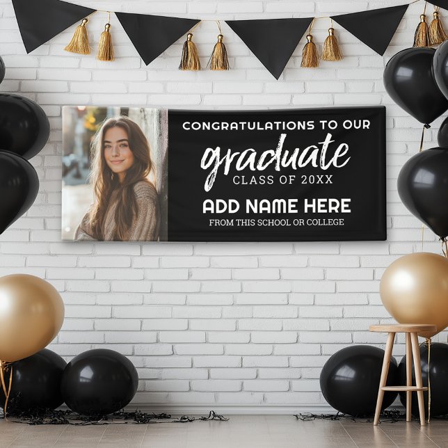Lona Foto de graduación - Fiesta de grado - negro (Custom Graduation Banner with Photo and Grad Name)