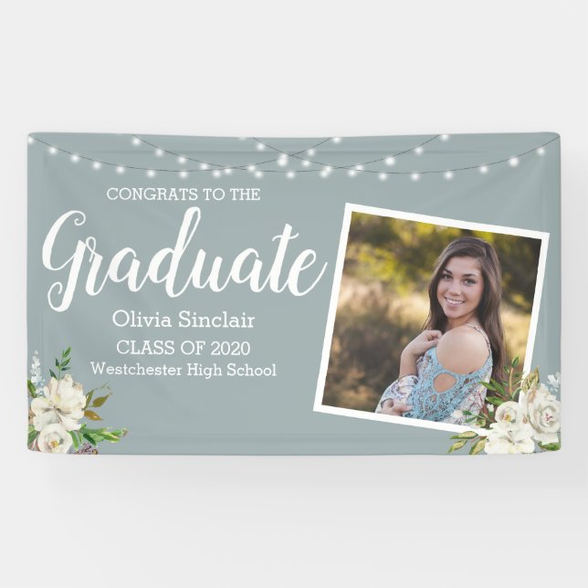 Lona Foto de graduación moderna Floral String Lights (Horizontal)