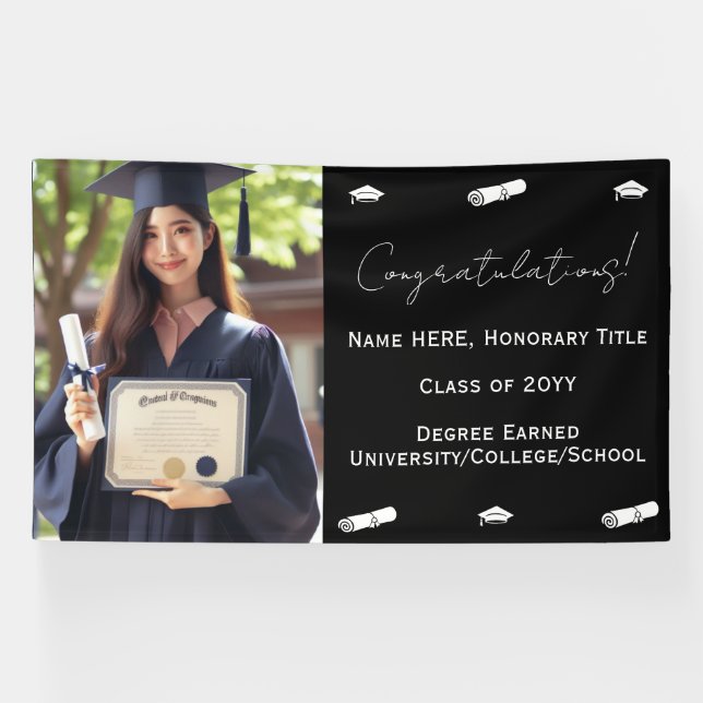 Lona Foto de graduación, plantilla azul marino de gorra (Horizontal)