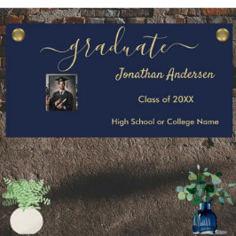 Lona Foto de graduación Script de Marina Azul y Oro