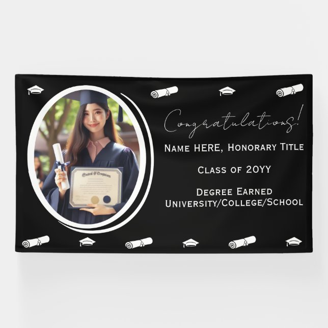 Lona Foto de graduación y birrete, diploma en blanco y  (Horizontal)