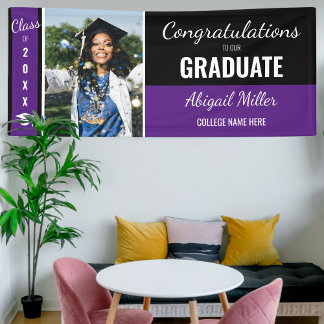 Lona Foto De Graduado De Felicitaciones Negra Y Púrpura