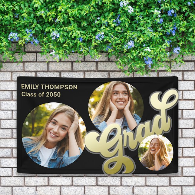 Lona Foto de graduado en negro y oro (Graduation gold typography multi-photo banner. )