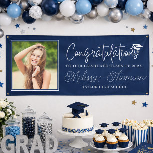 Lona Foto de Graduado Felicitaciones Azul Marino Modern
