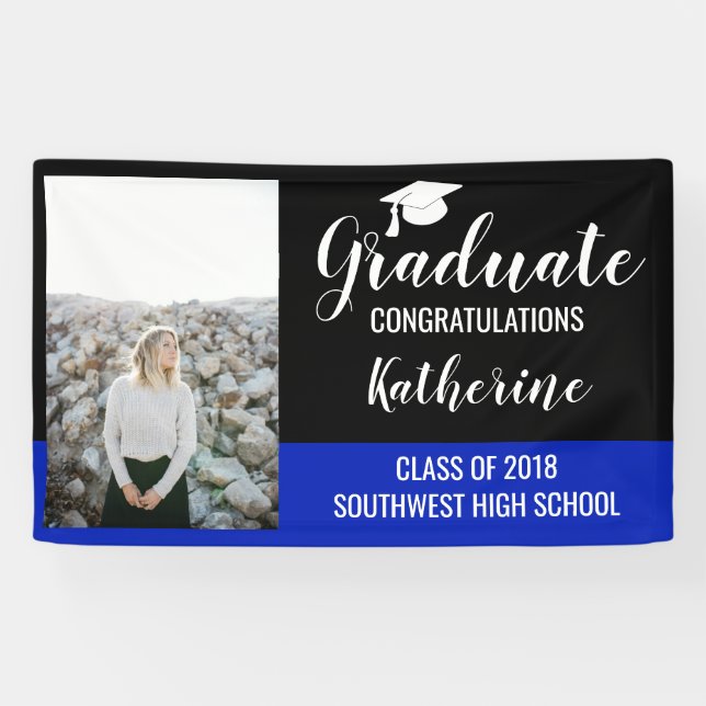 Lona Foto de graduado Felicitaciones Azul Negro (Horizontal)