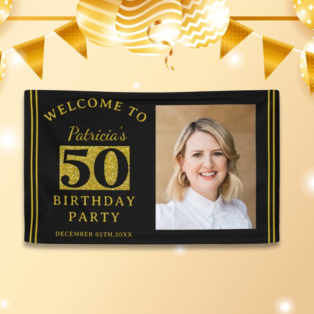 Lona Foto de la fiesta de cumpleaños 50 de Black And Go (Classy Black Gold Glitter 50th Birthday Party Photo welcome banner)