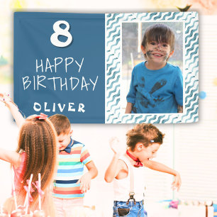 Lona Foto de niño con onda abstracta azul Cumpleaños fe