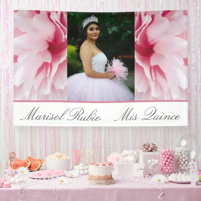 Lona Foto de Personalizado floral rosa de Mis Quince (Fiesta)