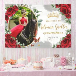 Lona Foto de Quinceañera de mariposas florales de rosas
