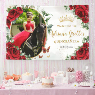 Lona Foto de Quinceañera de mariposas florales de rosas