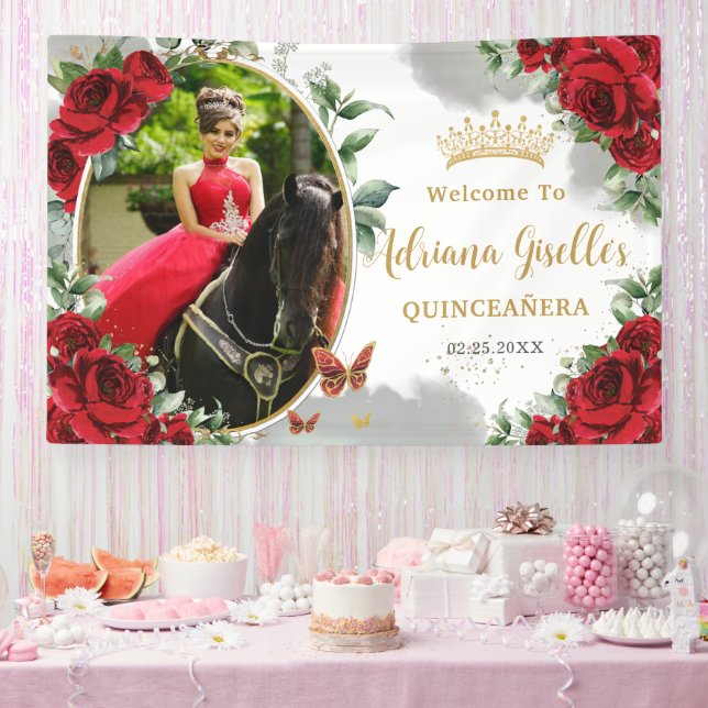 Lona Foto de Quinceañera de mariposas florales de rosas (Fiesta)