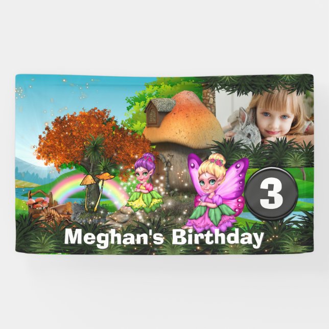 Lona Foto de Unicorn pixie rainbow fantástico en bosque (Horizontal)