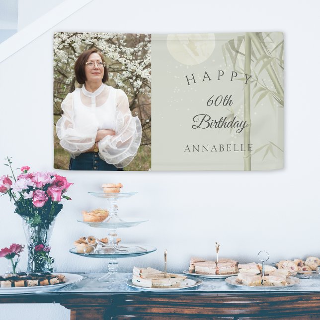 Lona Foto Elegante Oriental Bambú Fiesta de cumpleaños  (Photo Elegant Oriental Bamboo 60th Birthday Party Banner)