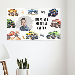 Lona Foto moderna   Cumpleaños de niños con camiones mo