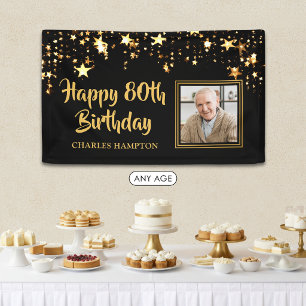 Lona Foto Personalizada Cumpleaños 80 Negro Estrellas D