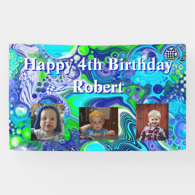 Lona Foto personalizada Cumpleaños azul y verde (Horizontal)