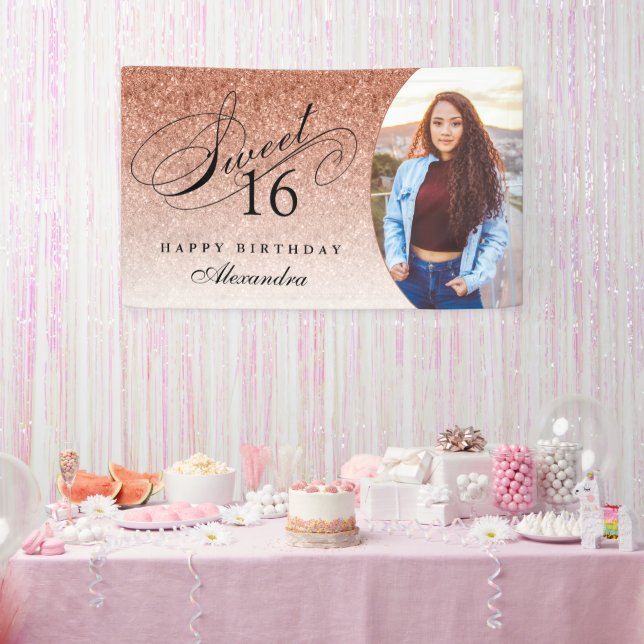 Lona Foto personalizada de Rosa Gold Purpurina Sweet 16 (Fiesta)