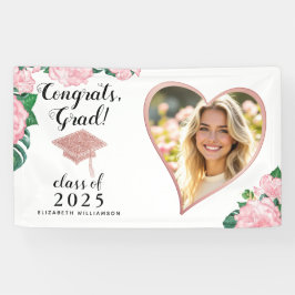 Lona Foto personalizado Graduación floral rosa y blanca