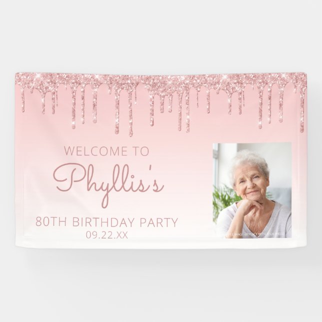 Lona Foto personalizado Purpurina Rosado Drip 80 cumple (Horizontal)