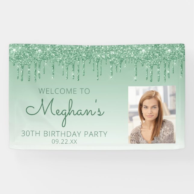 Lona Foto personalizado Purpurina Verde Drip 30 cumplea (Horizontal)