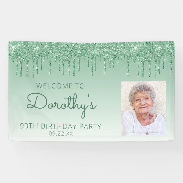 Lona Foto personalizado Purpurina Verde Drip 90 cumplea (Horizontal)