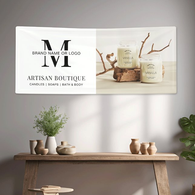 Lona Foto promocional del logotipo comercial de marca m (Outdoor or indoor business photo banner for business pop-up  shop *Ai generated background image)