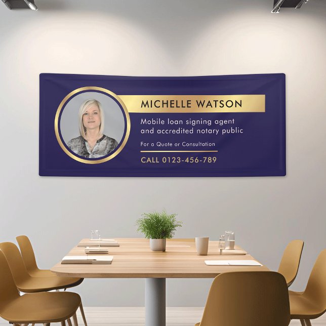 Lona Foto publicitaria de la empresa naval y Gold (Corporate navy & gold photo promotional fabric banner *mockup background photo is Ai generated)
