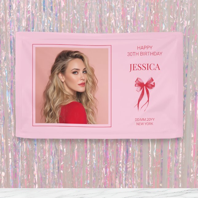 Lona Foto rosa moderna Treinta y dos felices 30 años (Pink Modern Photo Thirty Bow Happy 30th Birthday Banner)