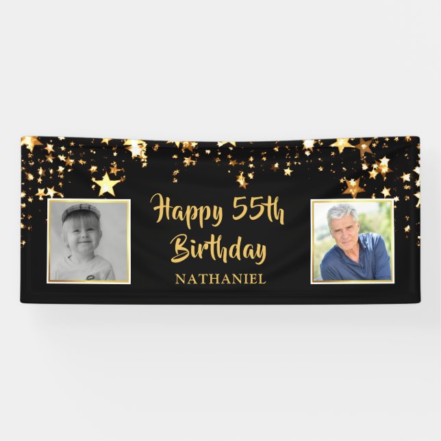 Lona Fotos de 55 años de Black Gold Stars personalizada (Horizontal)
