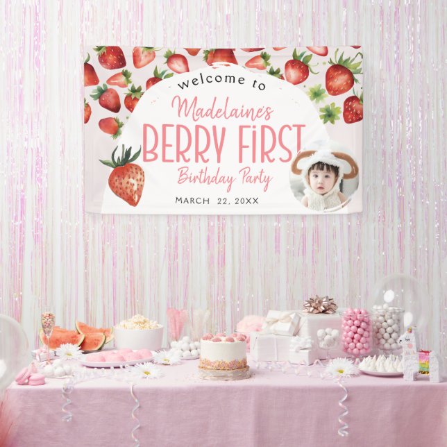 Lona Fotos de fresa Bienvenida Berry Primer Cumpleaños (Fiesta)