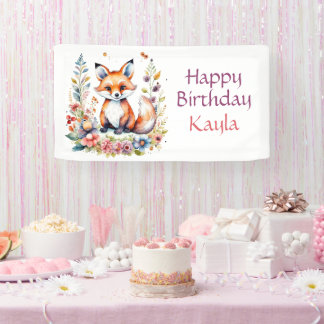 Lona Fox de Bebé en Flores Fiesta Feliz Cumpleaños