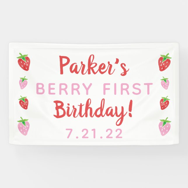 Lona Fresa Primer cumpleaños Banner Berry con fecha (Horizontal)