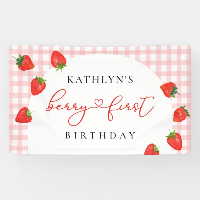 Lona Fresa primer cumpleaños Berry rosa primero (Horizontal)