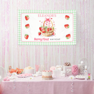 Lona Fresas menta gingham Berry Primer Cumpleaños