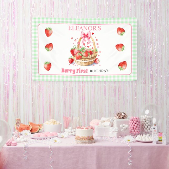 Lona Fresas menta gingham Berry Primer Cumpleaños (Fiesta)