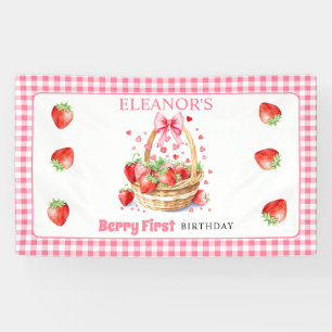 Lona Fresas y lazo rosa Cumpleaños Primero de Berry