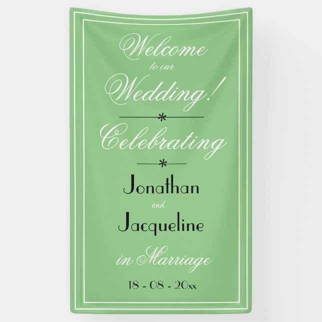 Lona Fresco Verde Chic BlancoNegro Script Bienvenida Bo (Vertical)
