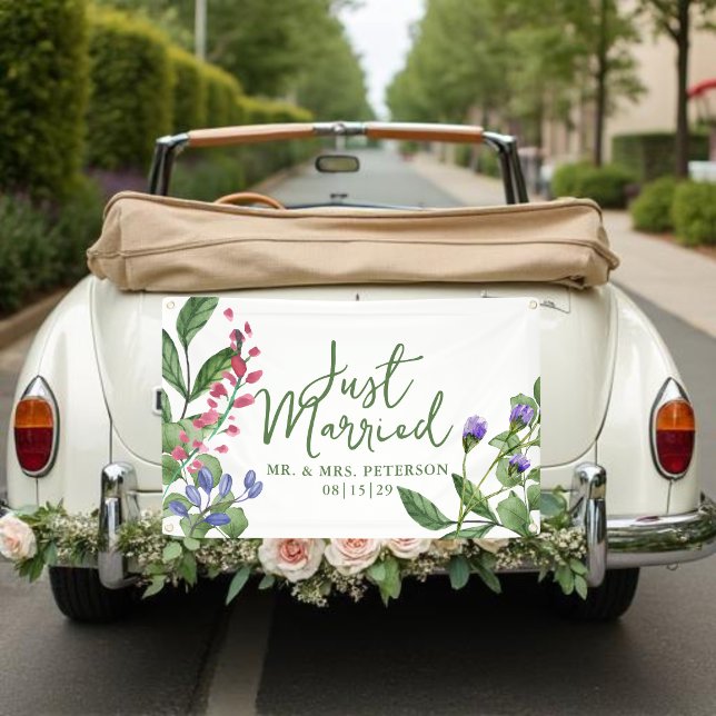 Lona Fresh Greenery Just Married Car Banner (Subido por el creador)