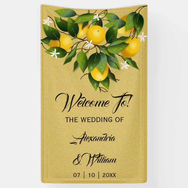 Lona Fruta moderna de limón dorado | BODA (Vertical)