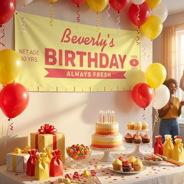 Lona Fun Fresh Stick of Butter Red Text Birthday Party  (Grade A Fun! This personalized stick of butter banner is a fresh way to celebrate!)